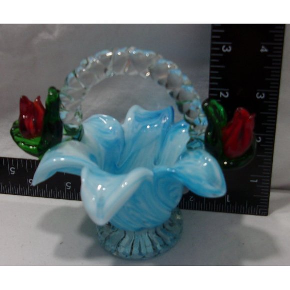 Glass Turquoise Blue Basket w/ Handle and Applied Red Roses 4 3/4" - Picture 9 of 10